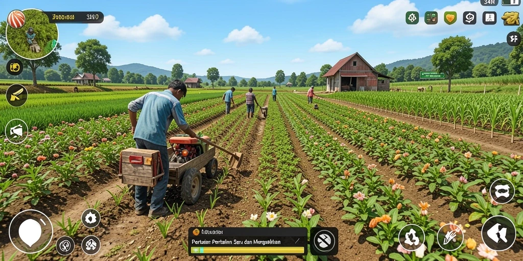Gameplay pertanian yang seru dalam 34R dengan ladang yang subur.