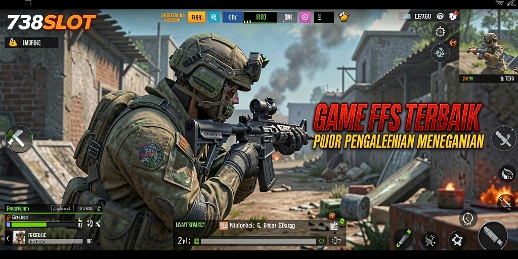 Screenshot 738SLOT yang menunjukkan aksi menegangkan dalam gameplay FPS.