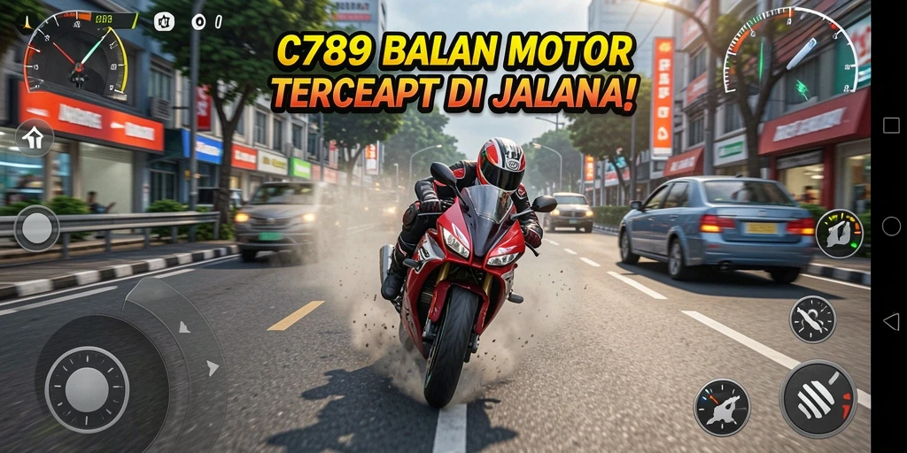 Gameplay C789 yang memukau dengan balapan motor yang cepat.