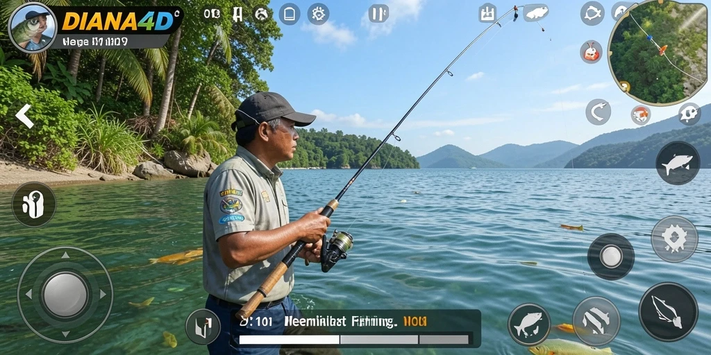 Screenshot gameplay DIANA4D menampilkan keseruan memancing dengan pemandangan yang menakjubkan.