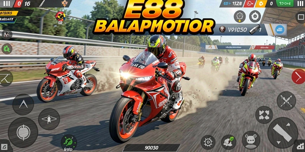 Gameplay seru E88 dengan balapan motor yang mendebarkan.