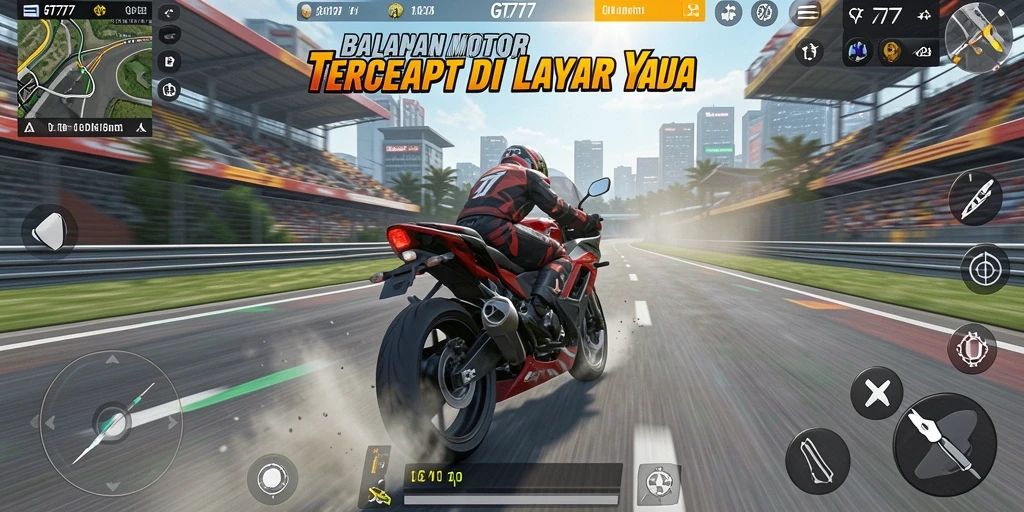 Tangkapan layar GT777 menampilkan aksi balapan motor yang cepat dan mendebarkan.