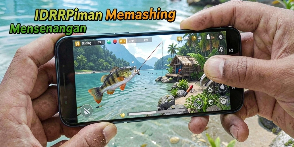 Screenshot gameplay IDRRP menampilkan pemain memancing di danau yang indah.