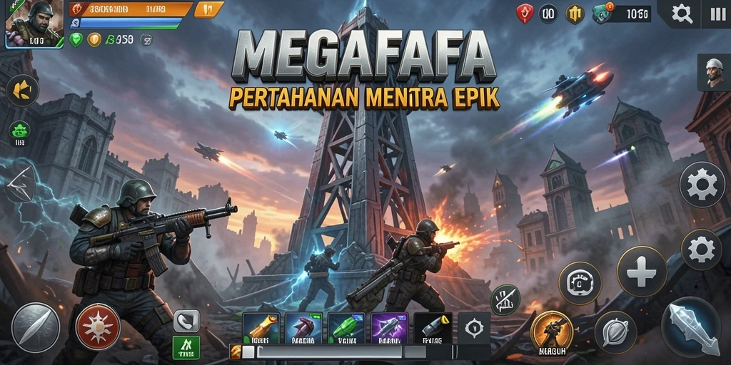 Tangkapan layar gameplay MEGAFAFA yang menunjukkan menara bertahan melawan serangan musuh.