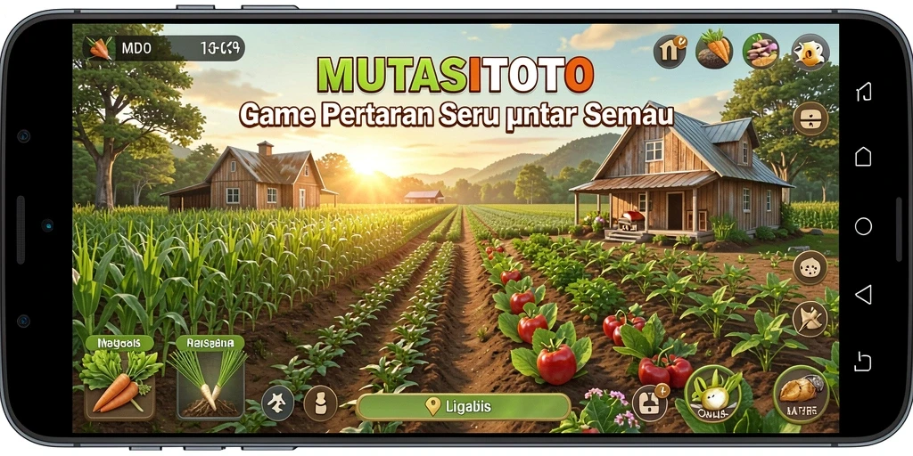 Screenshot gameplay MUTASITOTO menampilkan ladang hijau subur dan aktivitas bertani yang menarik.