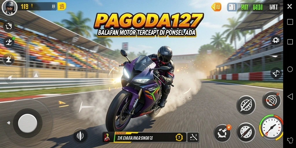 Screenshot gameplay <strong>PAGODA127</strong> menampilkan balapan motor yang intens dan mendebarkan.