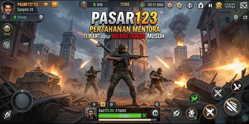 Screenshot utama PASAR123 menampilkan aksi seru menara mempertahankan wilayah dari serangan musuh.