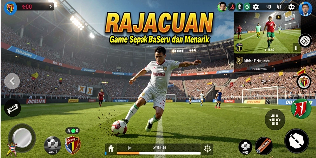 Tampilan gameplay seru di RAJACUAN dengan aksi sepak bola yang mendebarkan.