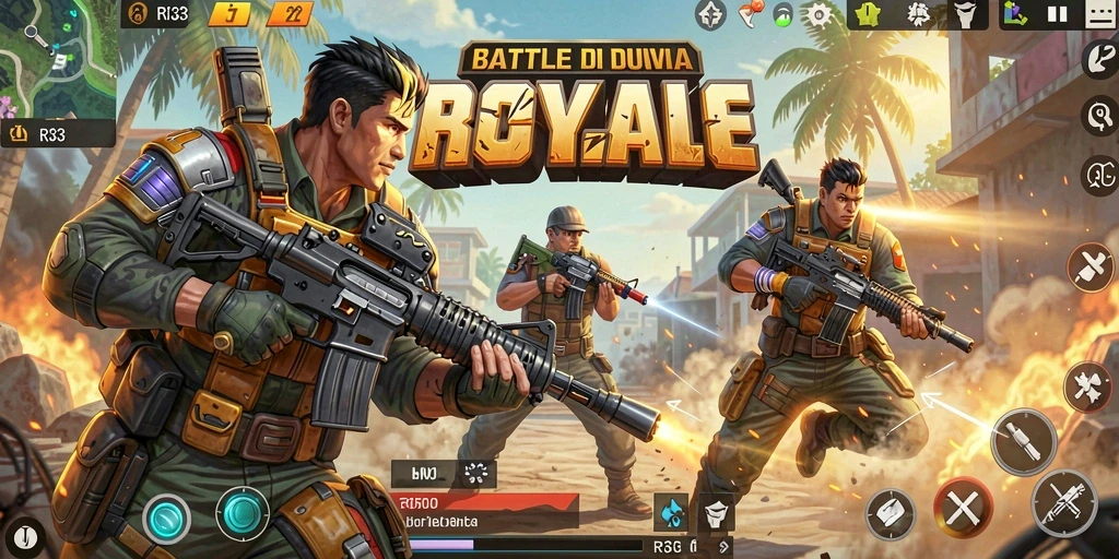 Gameplay intens RR33 dengan aksi pertempuran Battle Royale.