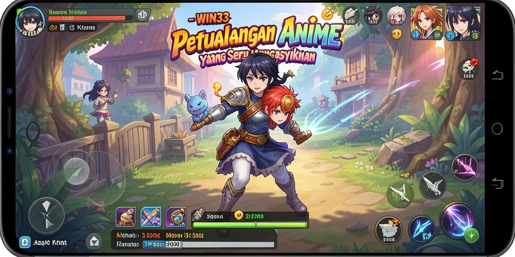 Tampilan gameplay dari WIN33 yang menampilkan aksi karakter Anime.