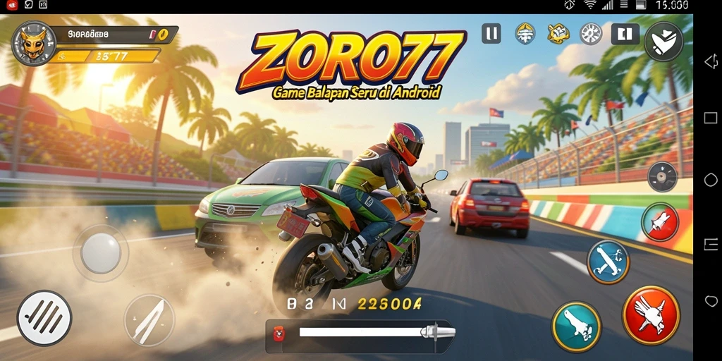 Gameplay seru ZORO77 dengan mobil balap cepat di trek menantang.